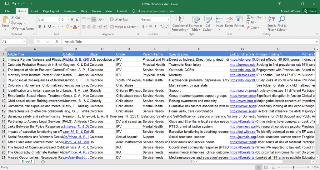 Screenshot of an Excel database that lists research articles on the impact of crimes.